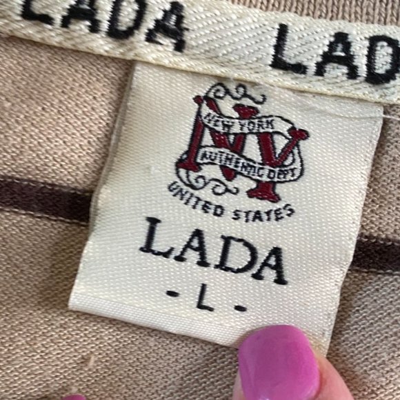 Lada Mens Brown and Tan Striped Short Sleeve Collared Henley Sport Shirt Size L - Picture 3 of 9